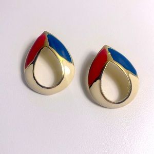 Vintage Earrings Red White Blue Gold-Tone Pierced Teardrop Hoop Studs Dressy